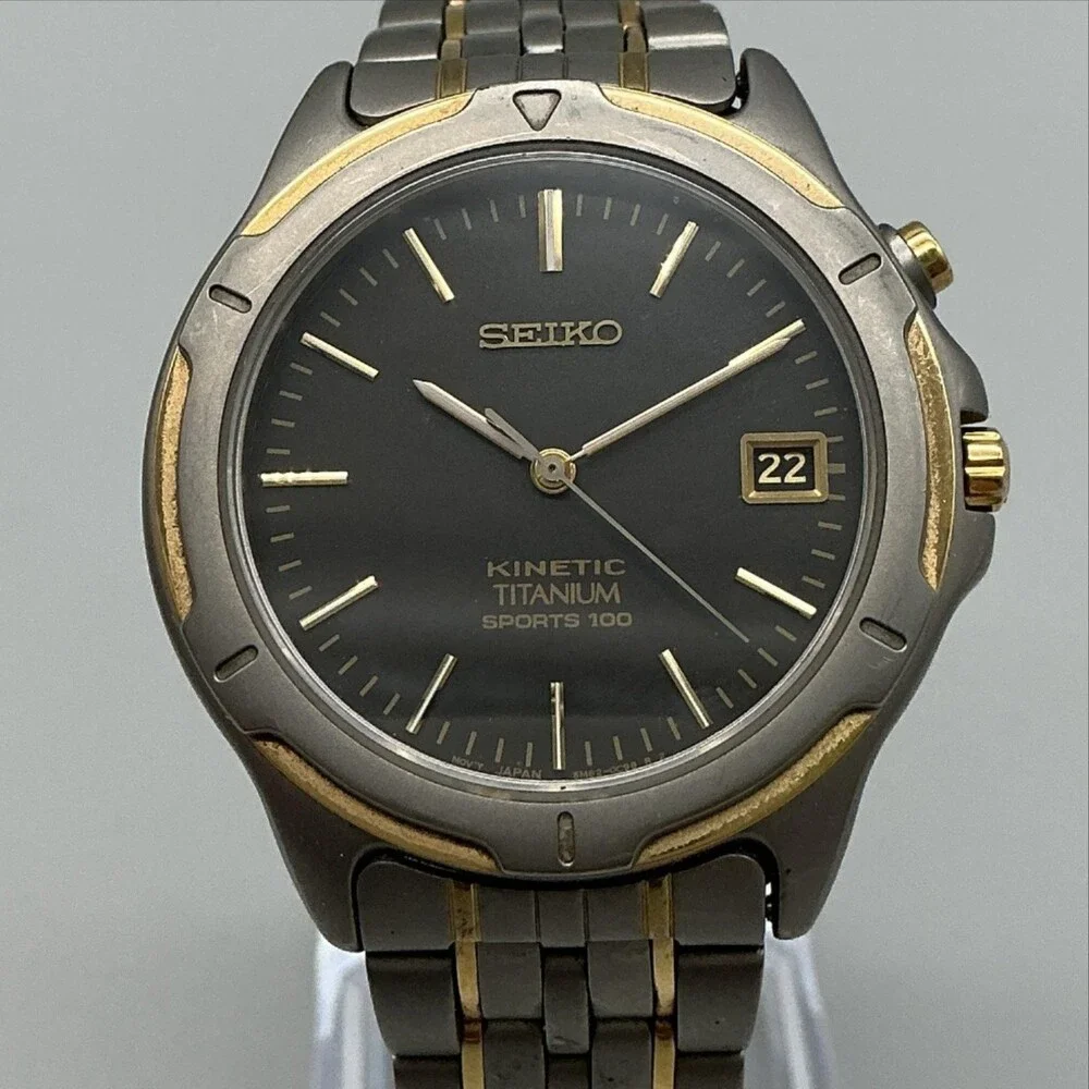 Vintage Seiko Kinetic Titanium Mens Watch 37mm Automatic Date 5M62-0C50